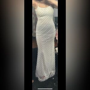 Elegant White Pearl-Embellished Dress with train and open back